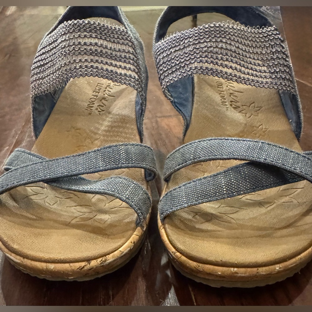 Skechers Luxe Foam Comfort Wedge Sandals Cork Heel Navy Blue Size 7 - Picture 2 of 6